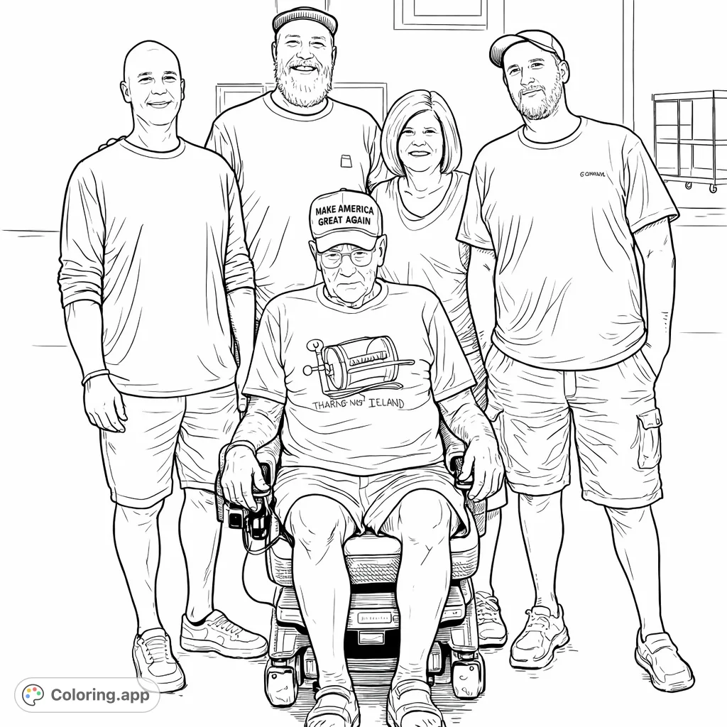 A heartwarming group portrait capturing family members across generations, featuring an elder in a mobility scooter surrounded by smiling loved ones.