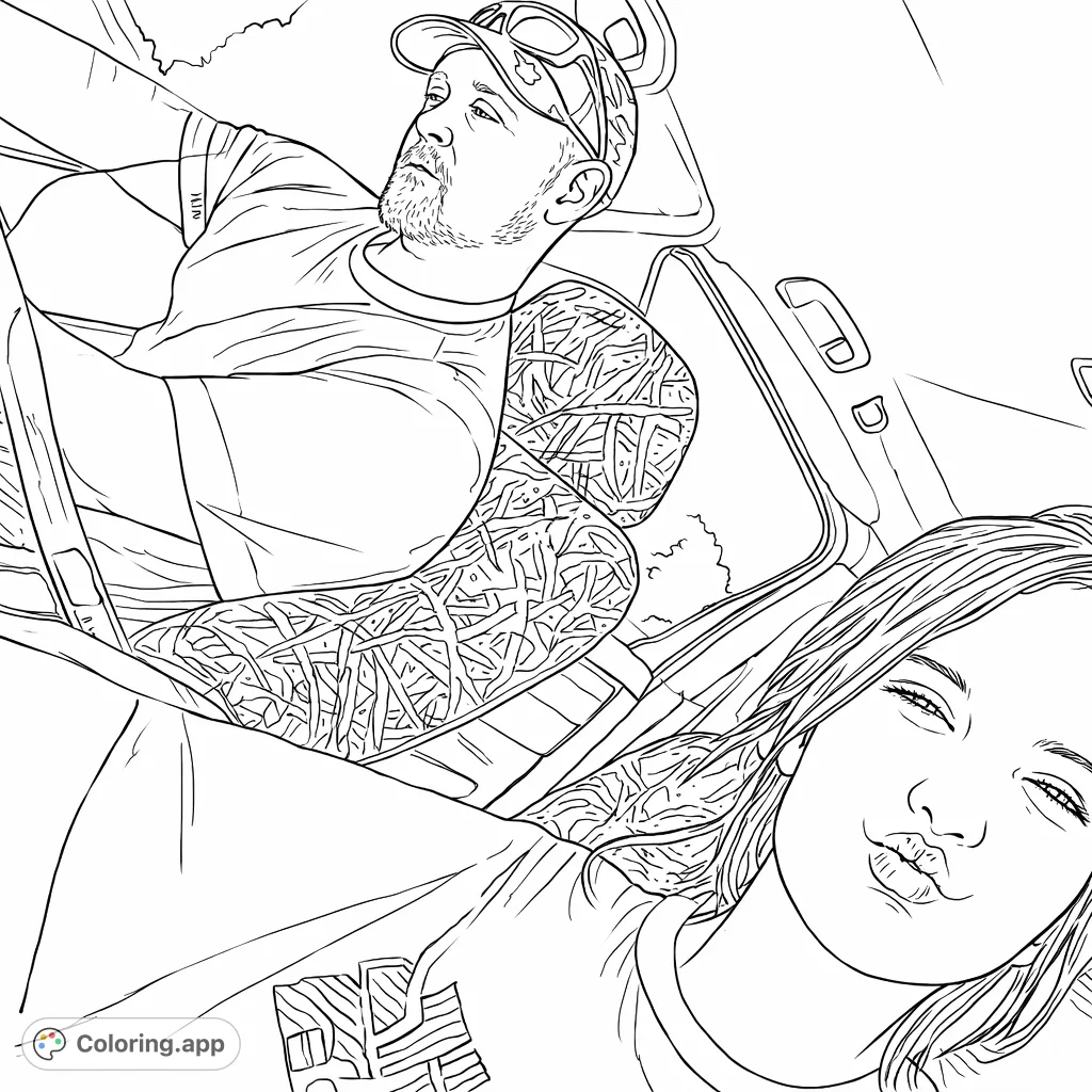 Capture a casual moment with two companions in a car, featuring one person looking out and another making a playful expression. Perfect for personalizing with your favorite hues.