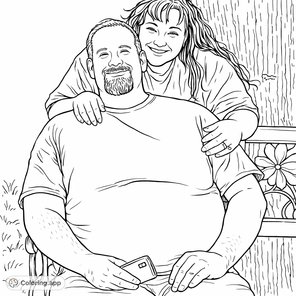 Capture a heartwarming outdoor moment with this couple's embrace coloring page. Features two smiling individuals in a natural setting. Perfect for expressing warmth.