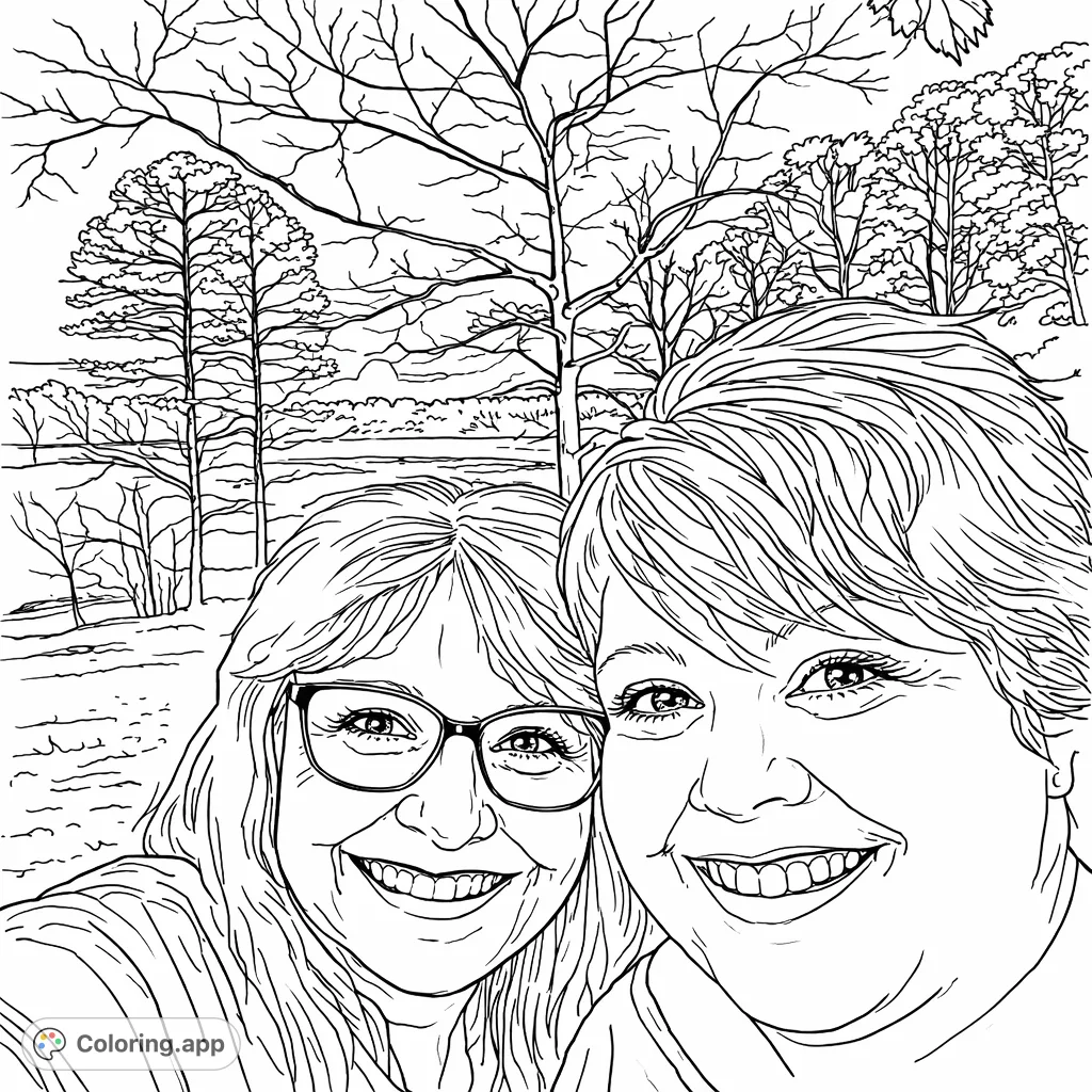 A heartwarming free printable portrait coloring page featuring two smiling women set against a scenic outdoor background with silhouetted trees and a dramatic sky.