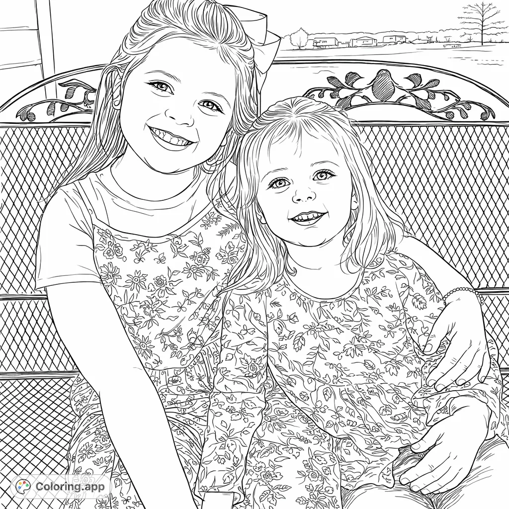 Capture the heartwarming bond of two smiling sisters on a decorative bench. A delightful portrait with floral patterns and a serene outdoor setting awaiting your creative touch.