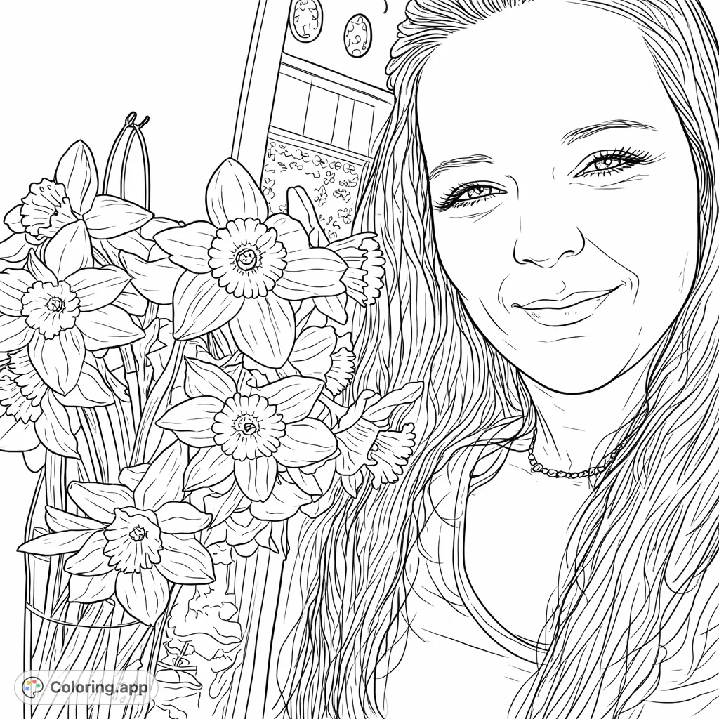 Capture the essence of spring with this delightful coloring page featuring a smiling woman alongside a vibrant bouquet of daffodils. Perfect for adding your personal touch.