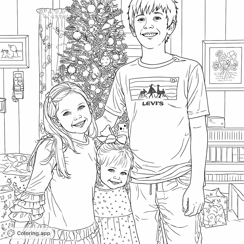 A heartwarming scene of three siblings posing cheerfully in front of a decorated festive tree, perfect for a cozy holiday coloring session.