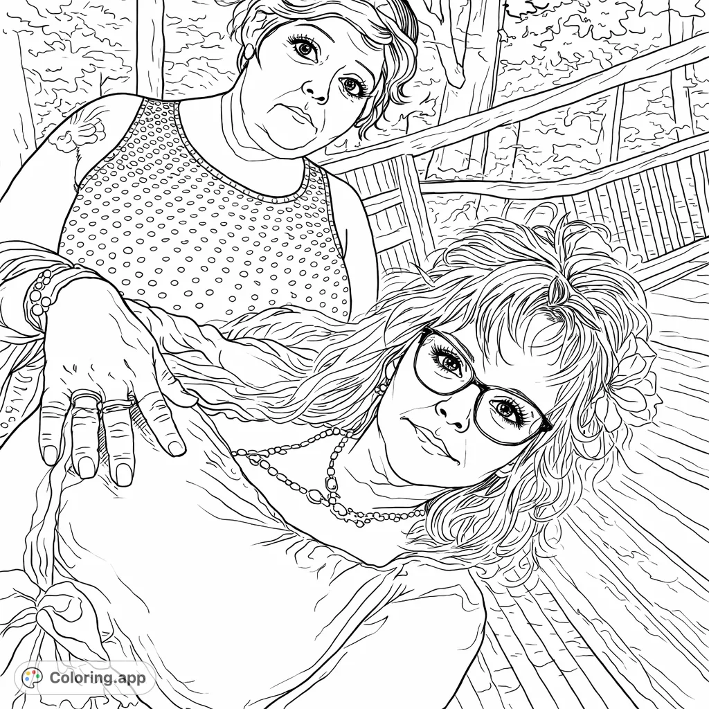 Capture a lively outdoor portrait of two women enjoying a casual moment, featuring detailed facial expressions, intricate jewelry, and varied textures.