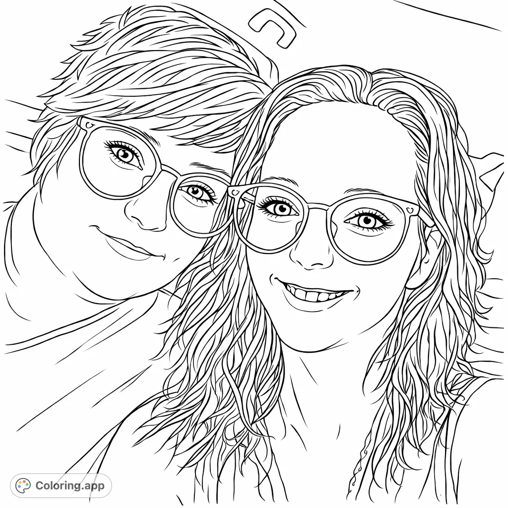 A charming portrait of two women in glasses, perfect for a personalized coloring experience. Explore unique hair and clothing styles.