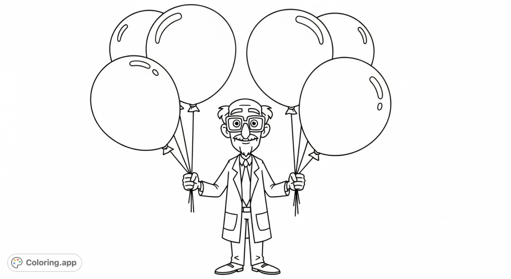 Join Professor Balthazar holding four large, non-overlapping balloons, perfect for adding your own special messages. A delightful and imaginative scene.