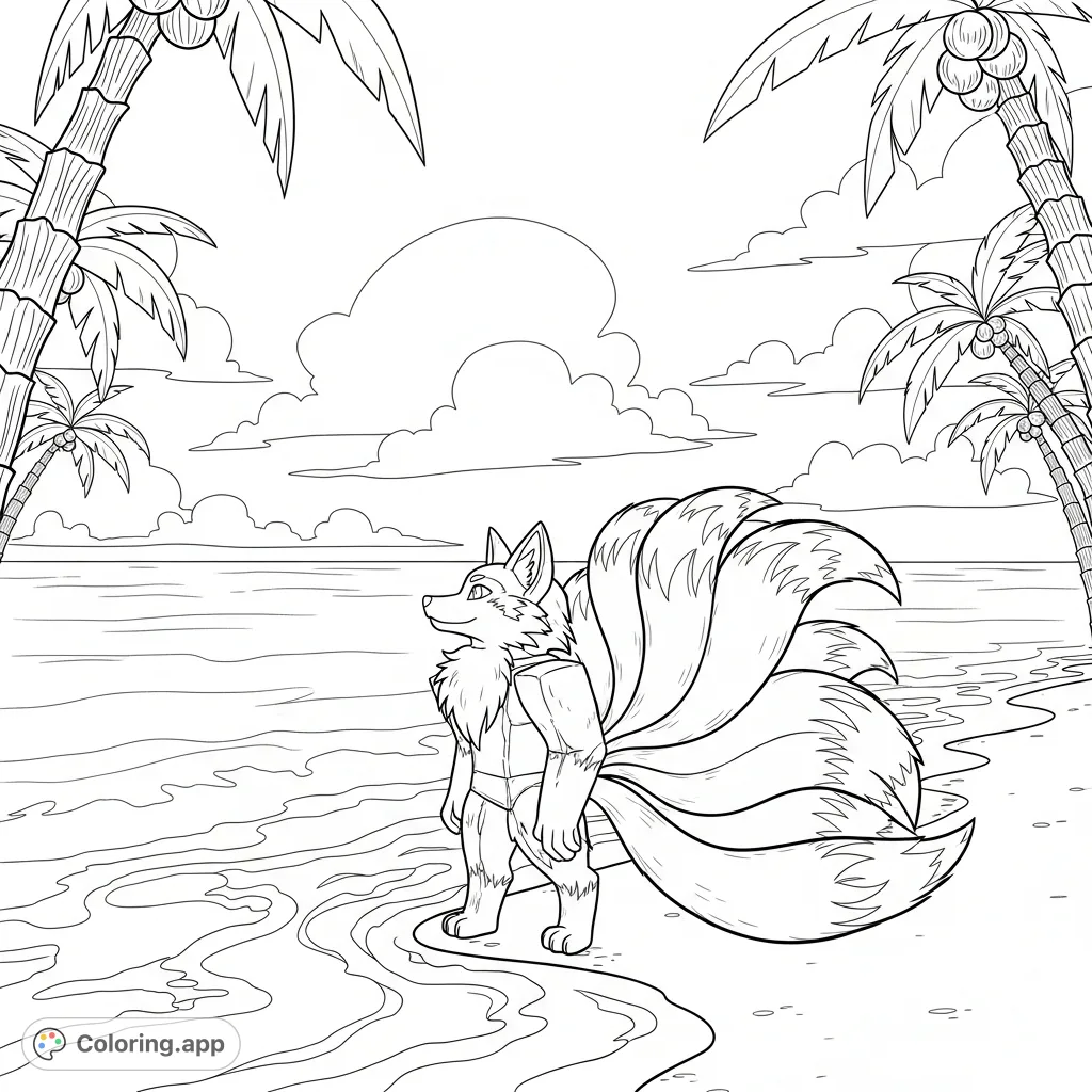 A charming nine-tailed fox Roblox character enjoys a serene beach scene under a twilight sky, offering a delightful and creative escape for colorists.