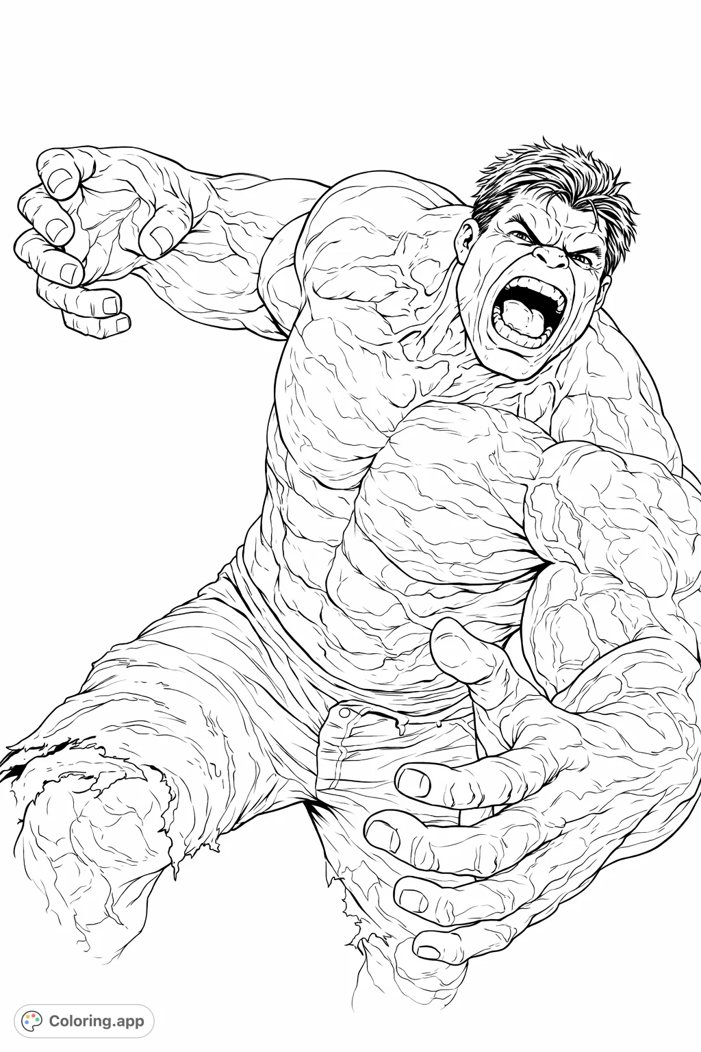 Unleash your creativity with this action-packed hero. A powerful figure lunges forward, roaring with intense detail, perfect for dynamic coloring fun!