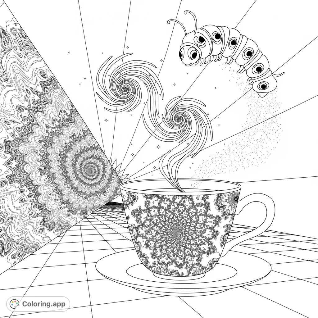 An extraordinary teacup with fractal patterns, galaxy steam, and a hovering segmented caterpillar in a kaleidoscopic tunnel. A whimsical fantasy teacup coloring page.