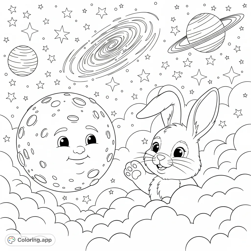 A cheerful bunny waves from soft clouds amidst a star-filled night sky, featuring a smiling moon, swirling galaxy, and distant planets. Perfect for kids and dreamers!