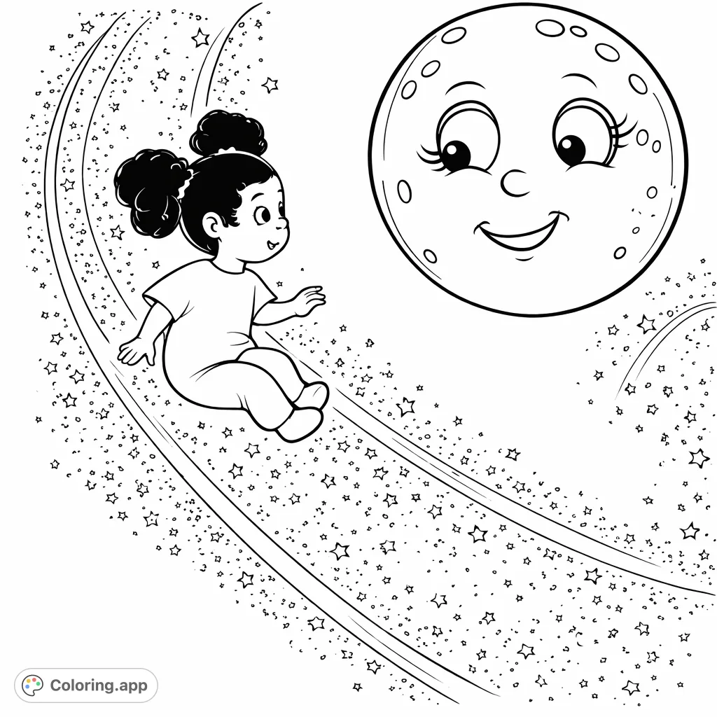 A delightful space adventure featuring a happy child sliding on stardust with a smiling moon observing, set against a cosmic backdrop. Perfect for young dreamers!