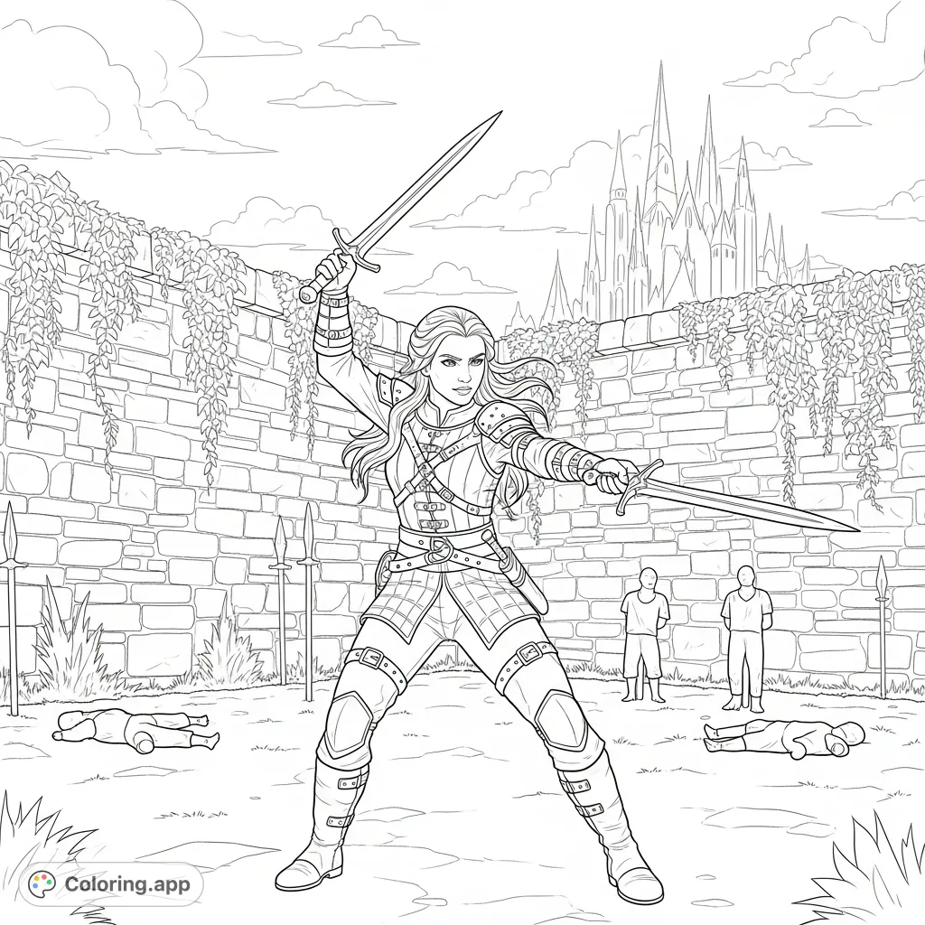 Join Celaena Sardothien in a detailed fantasy hero coloring page. She wields twin daggers in a castle training yard with Rifthold's spires in the distance.