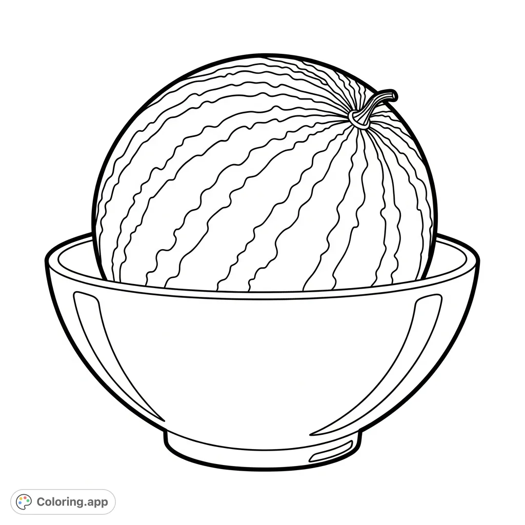 Discover a charming striped watermelon in a bowl. This delightful fruit coloring page is perfect for all ages, offering a fun, free printable coloring page.