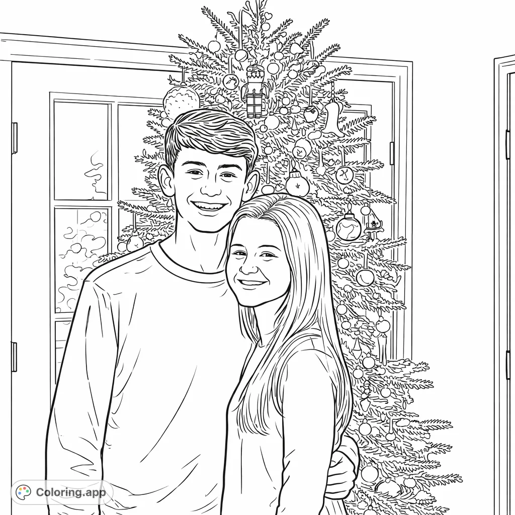 A heartwarming scene featuring two smiling siblings embracing near a beautifully decorated festive tree, ready for a personal touch of creativity and cheer.