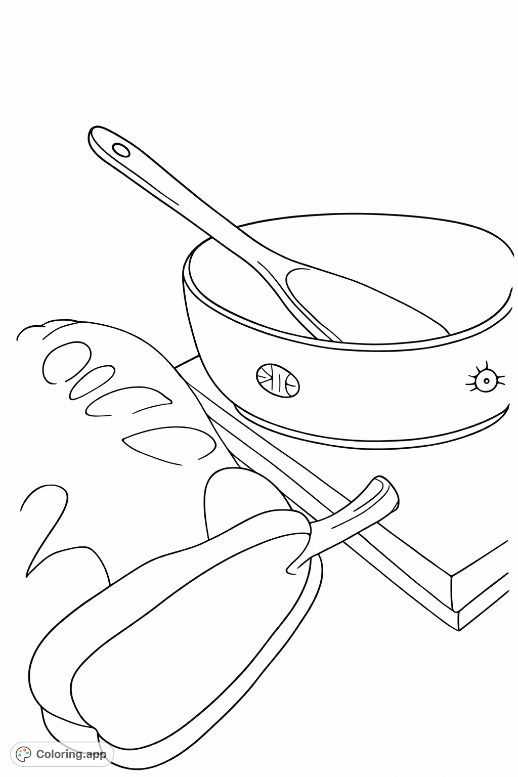 Color a charming kitchen scene featuring a mixing bowl with a spoon, fresh bell peppers, and leafy greens arranged on a cutting board.