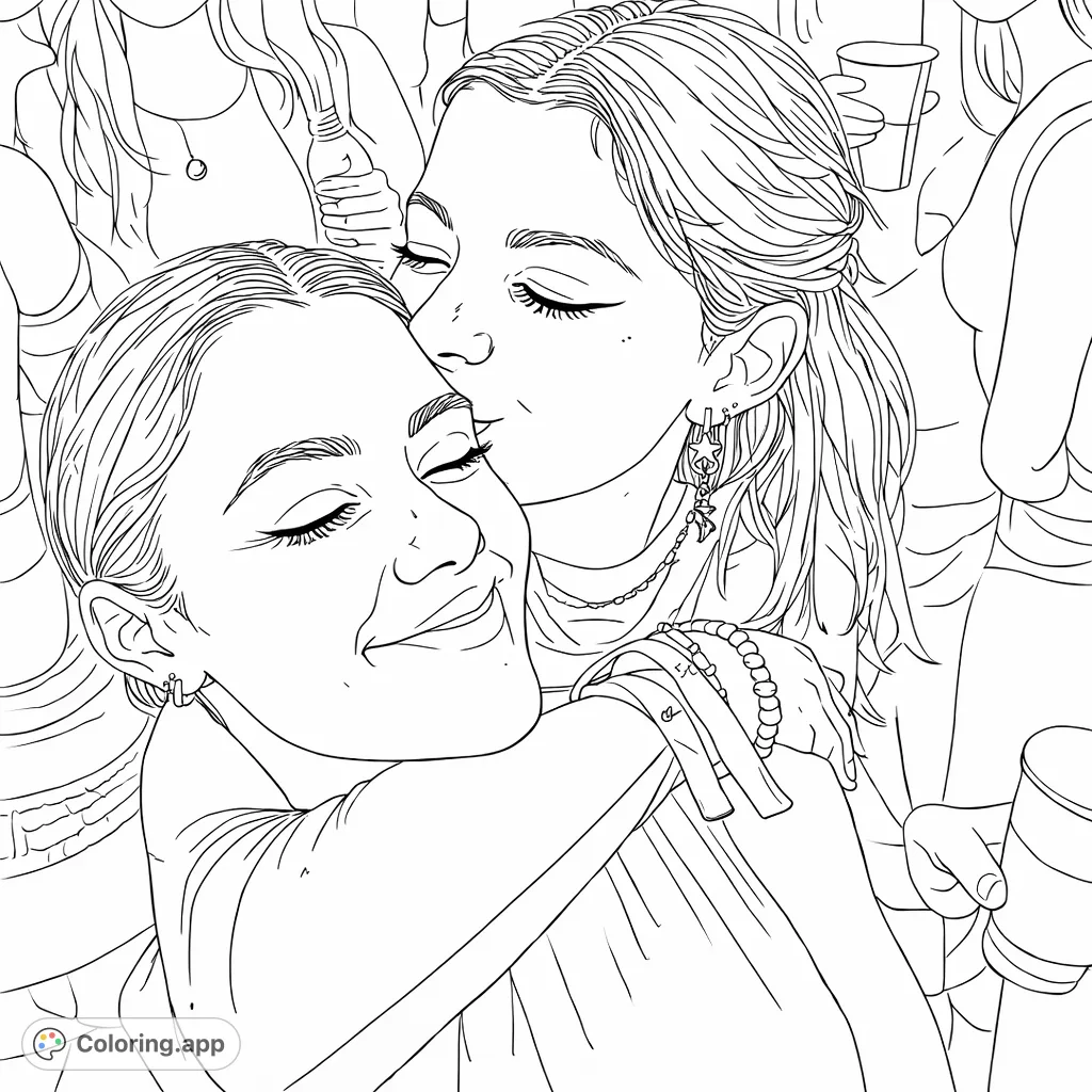 Capture a tender moment of affection with this friendship coloring page, featuring two individuals in a heartfelt embrace at a social gathering.