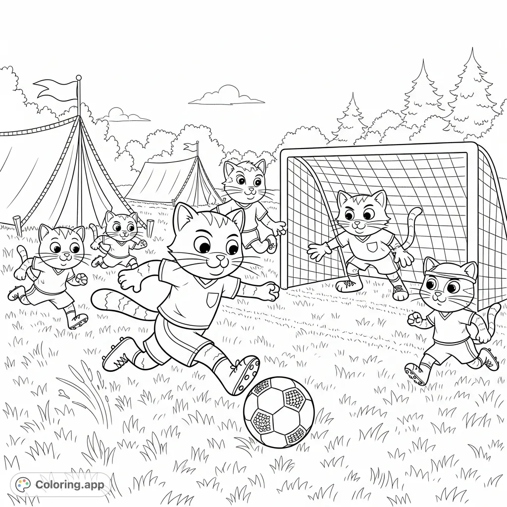 A lively team of cartoon cats playing an exciting soccer match on a textured grassy field at a bustling summer camp. Perfect for playful creativity!