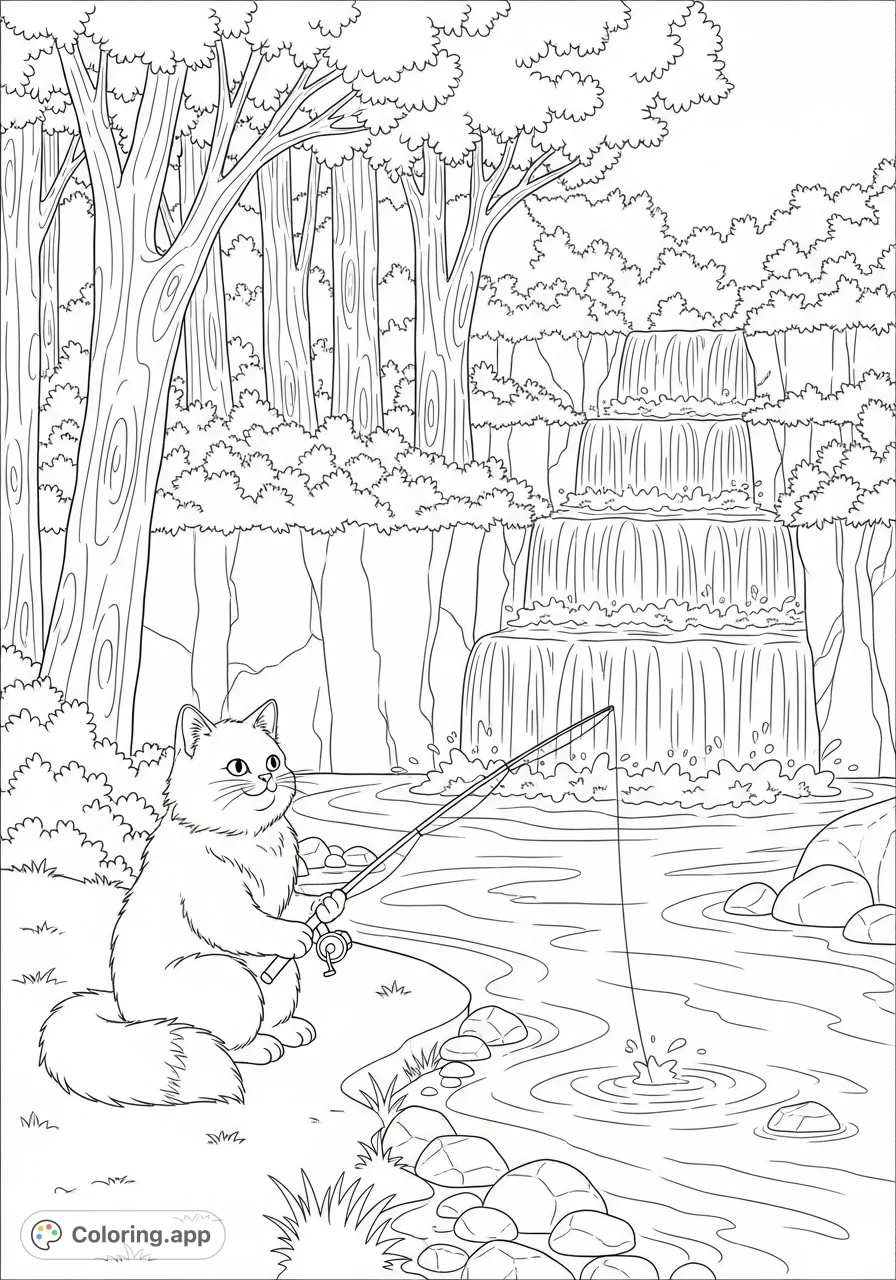 A charming cat waits patiently by a forest river with its fishing rod, while a beautiful waterfall cascades nearby. A whimsical scene for peaceful coloring.