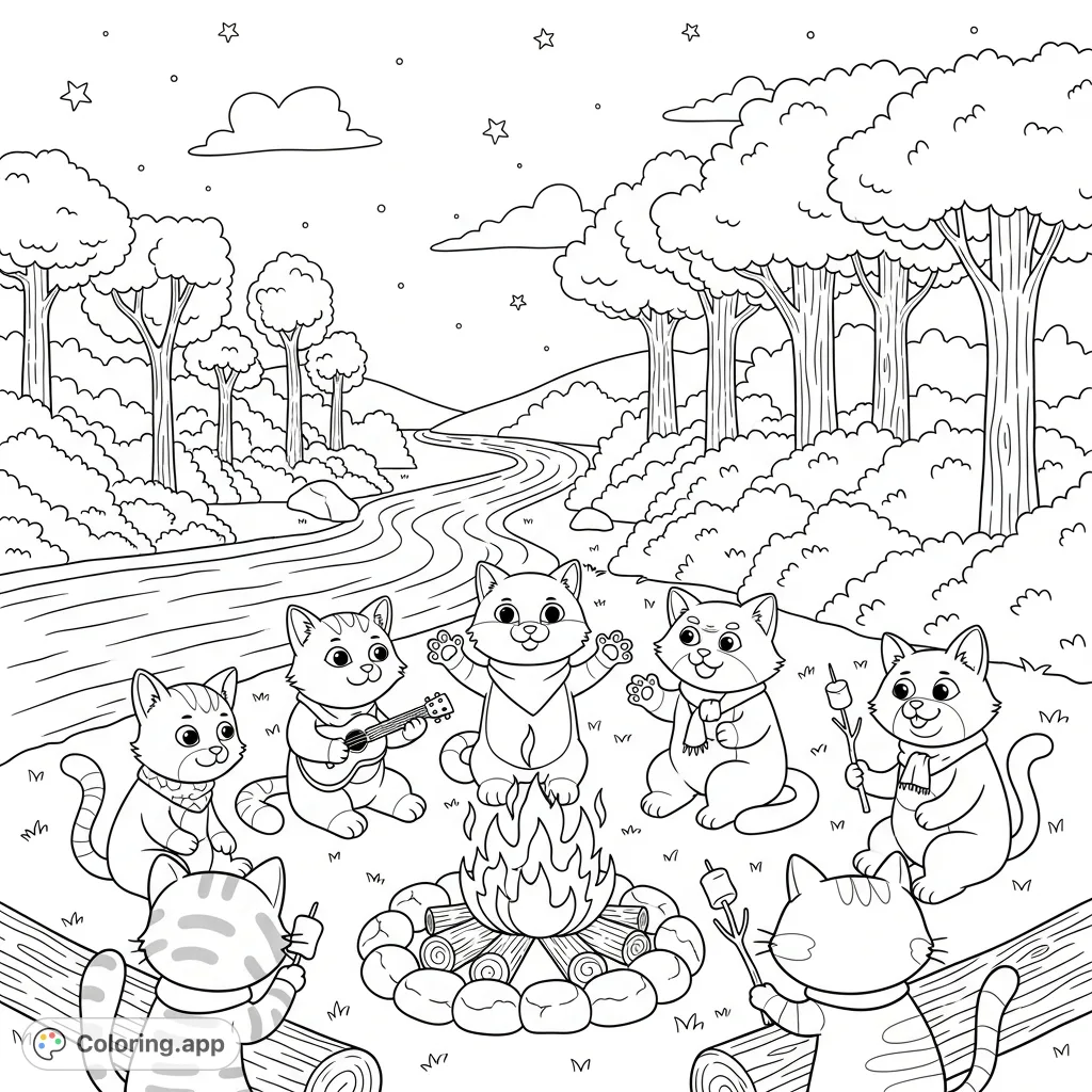 A whimsical scene featuring cartoon cats gathered around a campfire by a serene river and dense forest. Perfect for imaginative colorists of all ages.