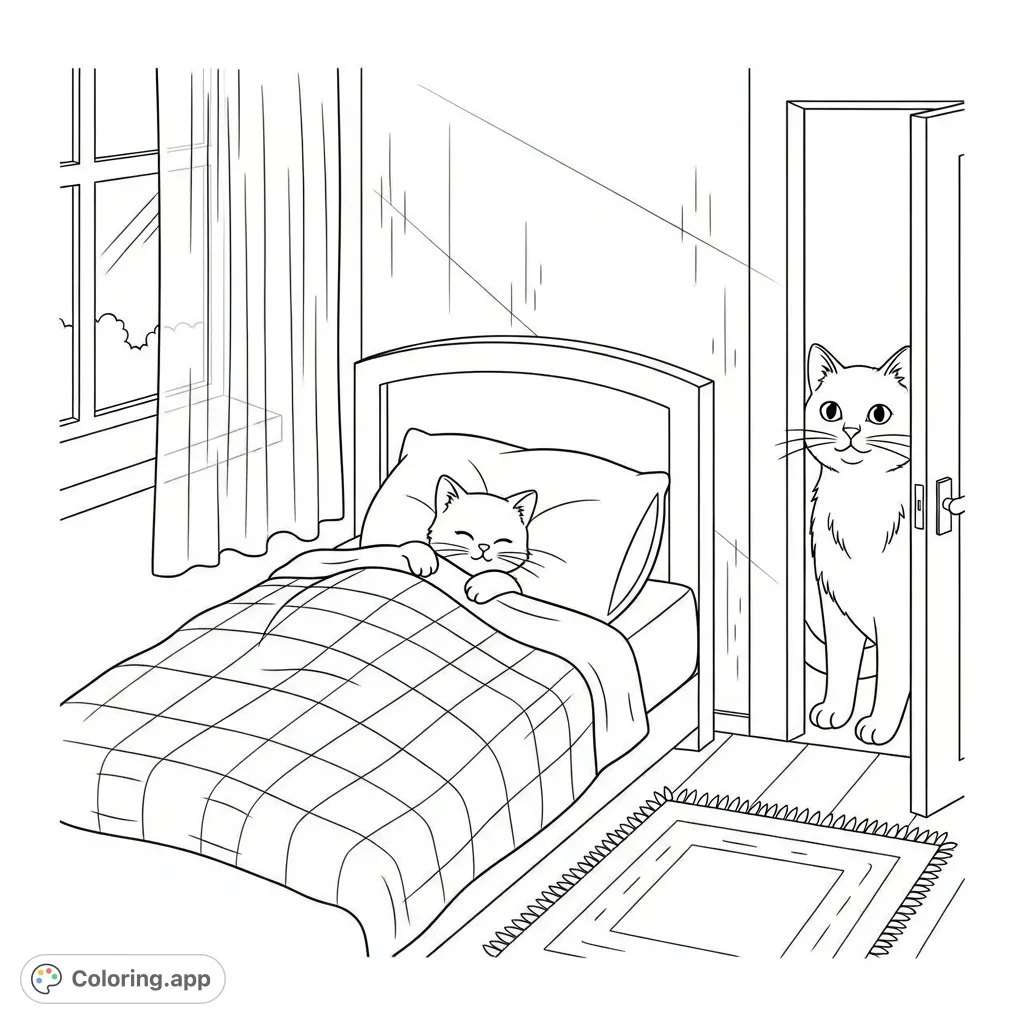 A heartwarming scene featuring a small cat tucked in bed, watched by an adult cat at the door. Perfect for cat lovers to color and relax.