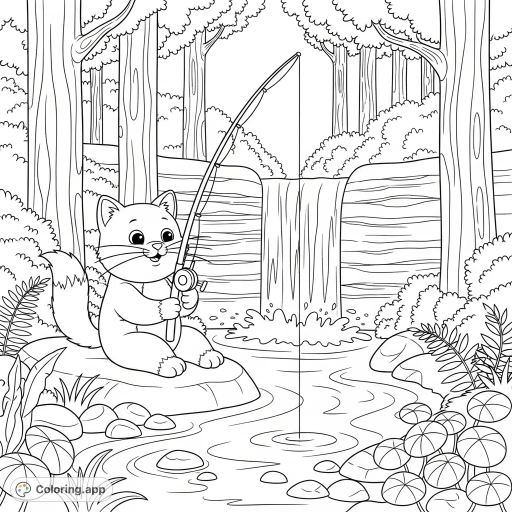 Fishing Cat at Waterfall - Coloring.app