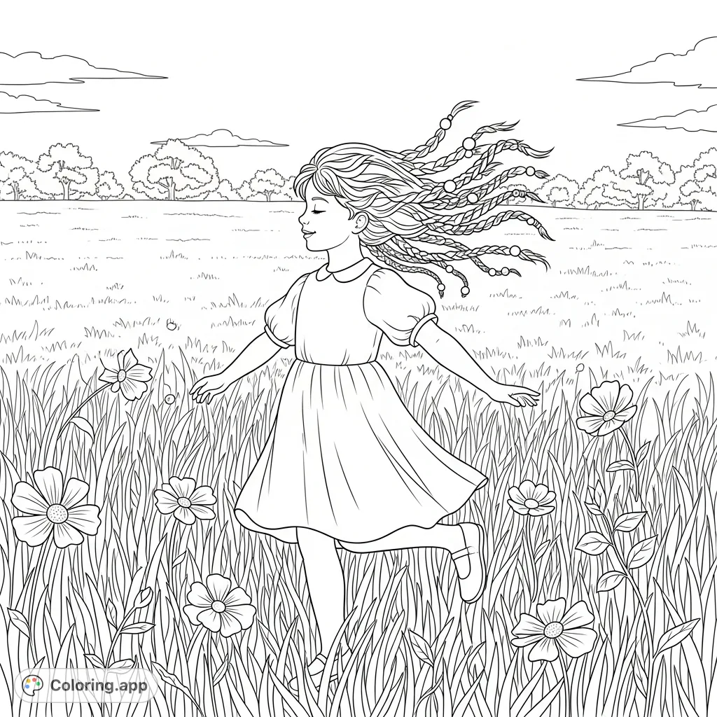 A delightful little girl skips through a vibrant field of tall grass and wildflowers, her beaded braids flowing behind her. A cheerful and detailed scene.
