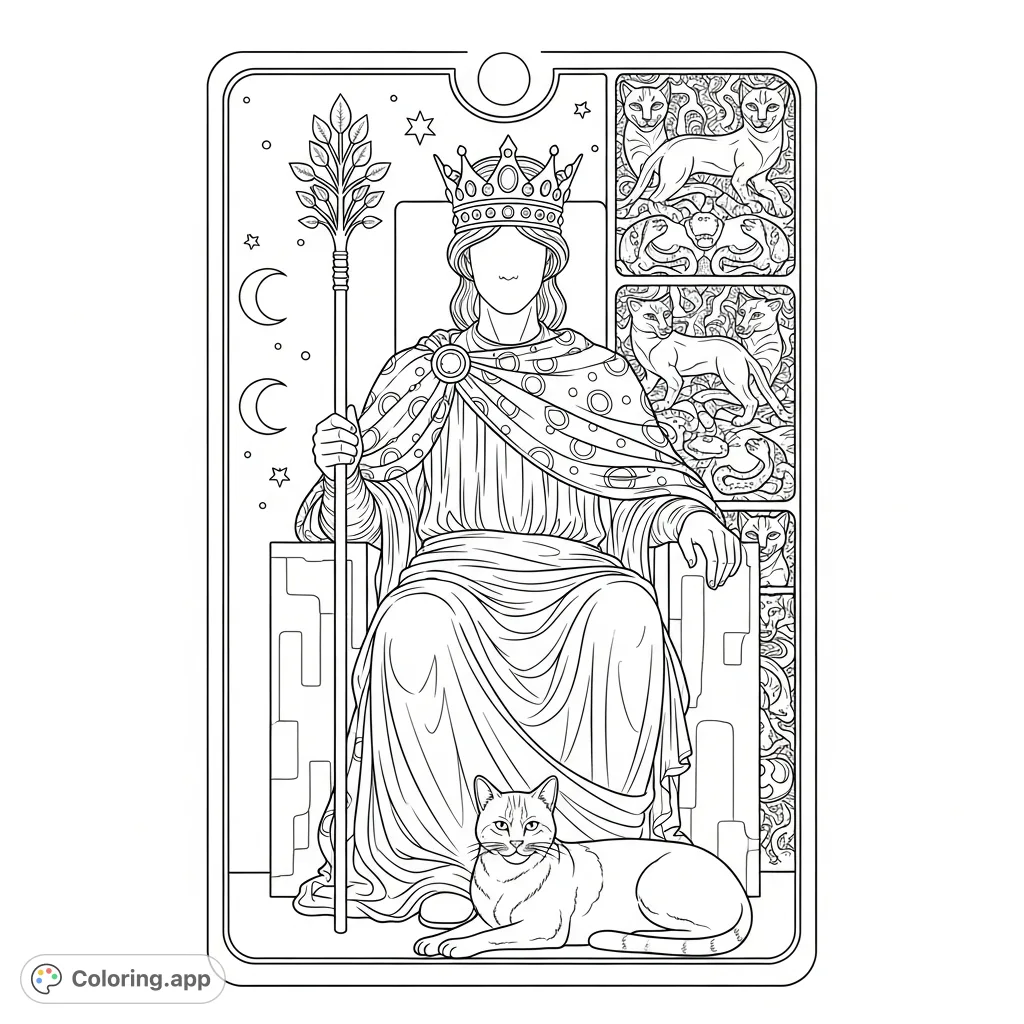 Discover a majestic regal figure on a grand throne, adorned with an ornate crown and staff, accompanied by a relaxed feline friend amidst intricate patterns.