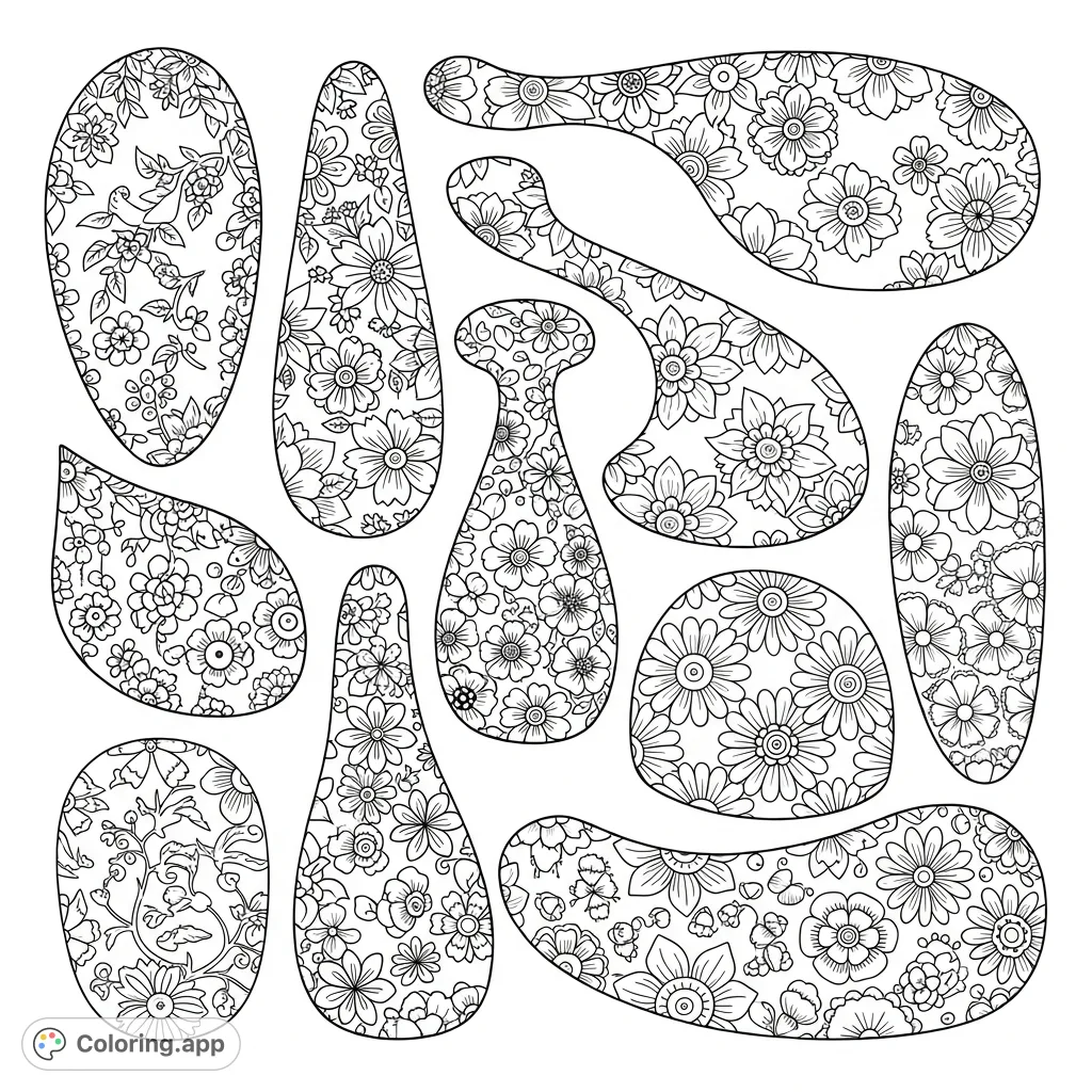 Explore intricate floral patterns on diverse adult forms in this unique coloring page. A creative escape for grown-ups seeking artistic expression.