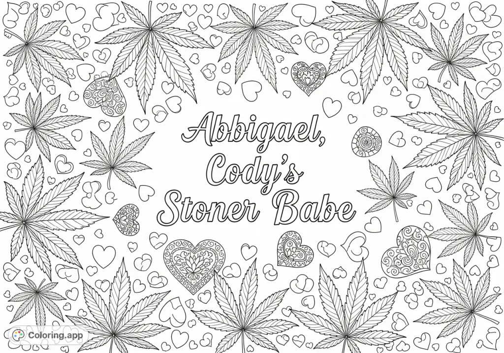 A unique adult coloring page featuring marijuana leaves, scattered hearts, and a personalized cursive quote: "Abbigael, Cody's Stoner Babe." Express your creativity!