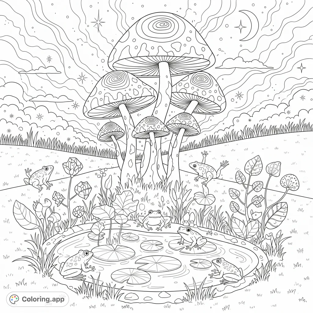 Explore a whimsical hillscape with psychedelic mushrooms, playful frogs, unnatural plants, and a trippy, swirling sky. A unique, detailed coloring page!