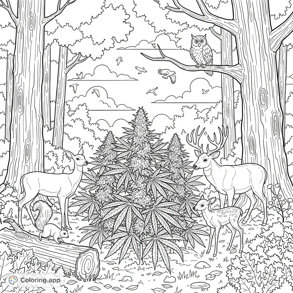 A unique forest scene featuring deer, an owl, and a squirrel among flowering cannabis plants. Perfect for adults seeking an unconventional and detailed coloring page.