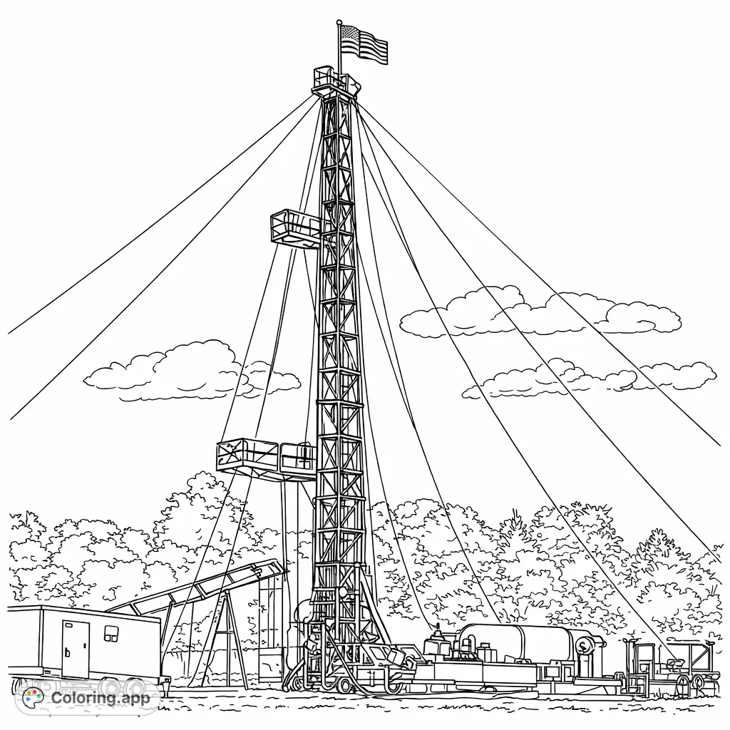 Explore a detailed industrial oil rig coloring page featuring a towering structure, machinery, and a flag against a dynamic sky. Free printable industrial coloring page for adults.