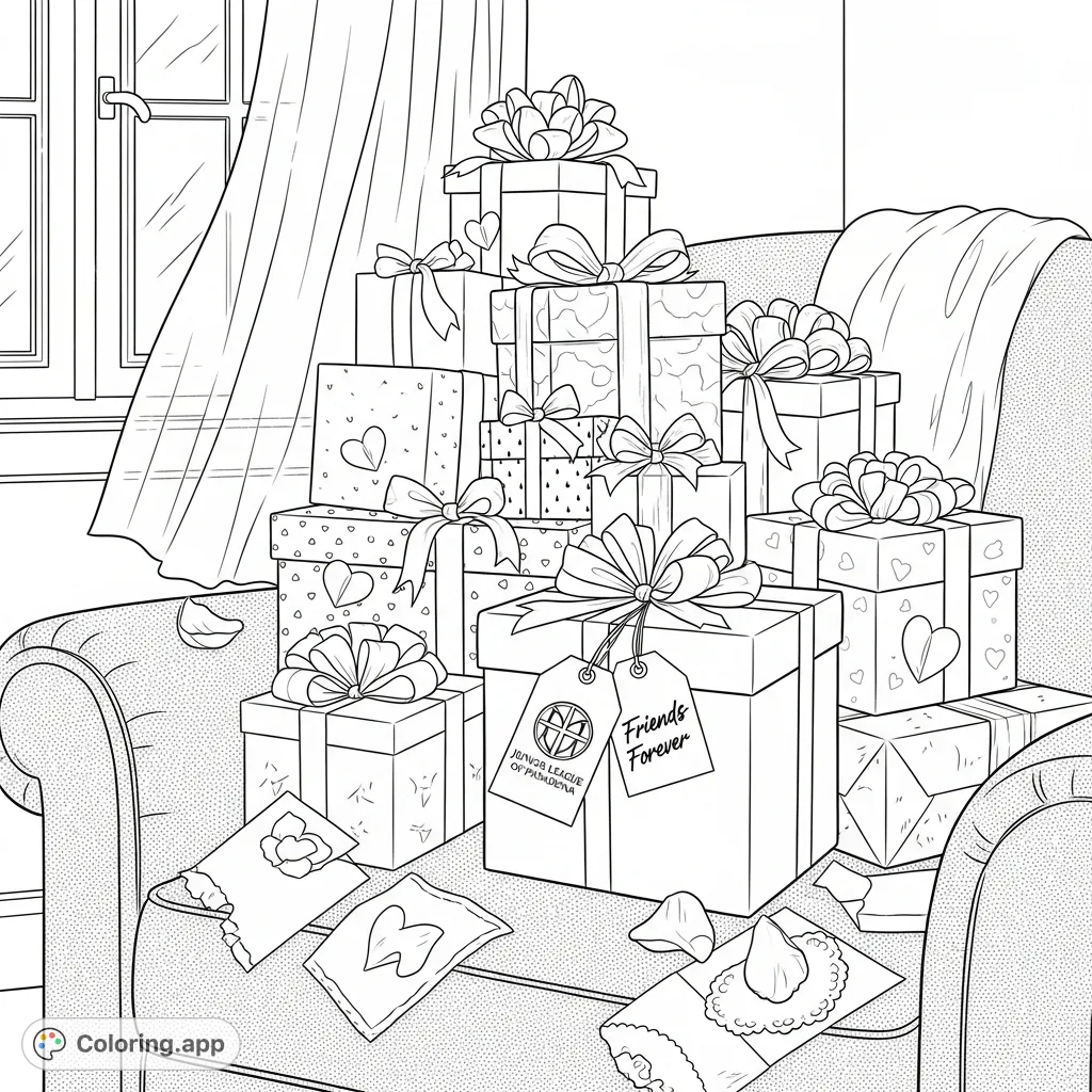 Celebrate friendship with this delightful Galentine's Day coloring page featuring beautifully wrapped gifts, ribbons, hearts, and a special 'Friends Forever' tag.