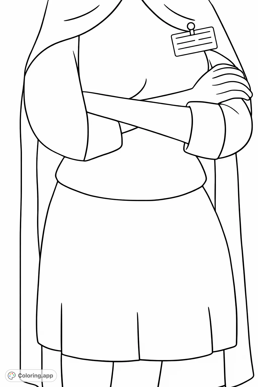 A character stands with arms crossed, wearing a cape, shirt, vest, and pleated skirt, featuring a visible ID badge. Perfect for imaginative coloring.
