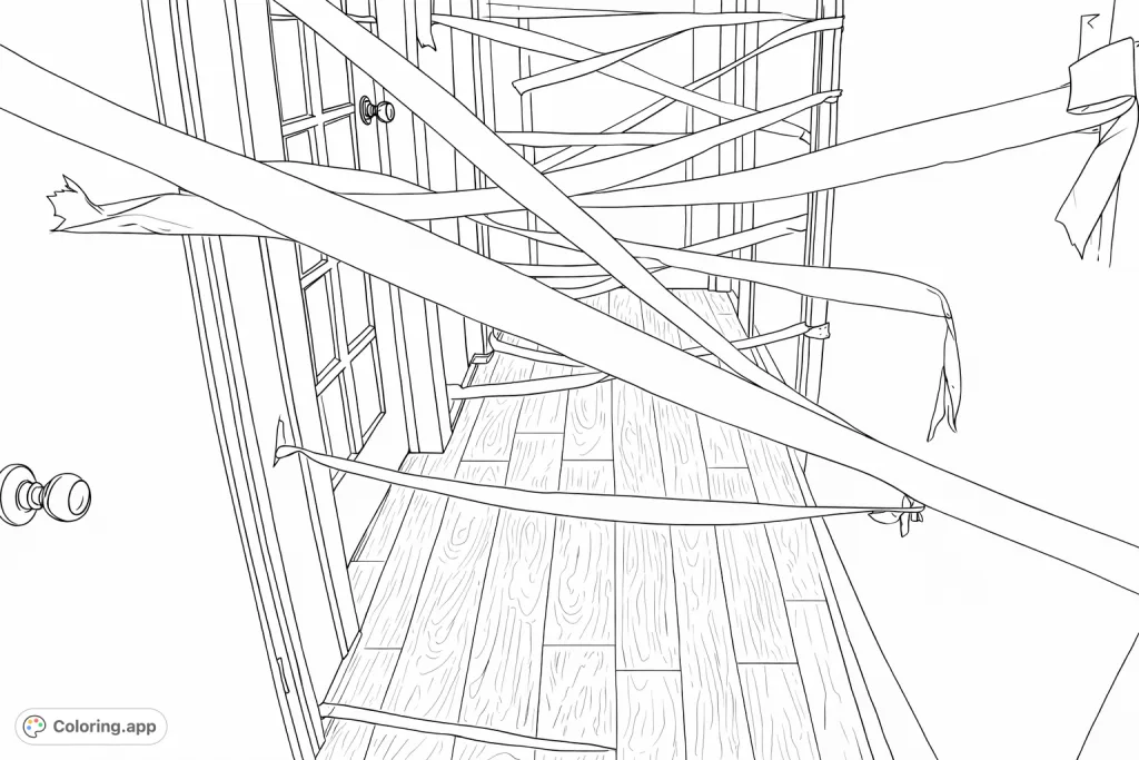 Color a vibrant scene of a hallway completely covered in an exciting web of crisscrossing streamers and a decorative bow, perfect for a celebration.