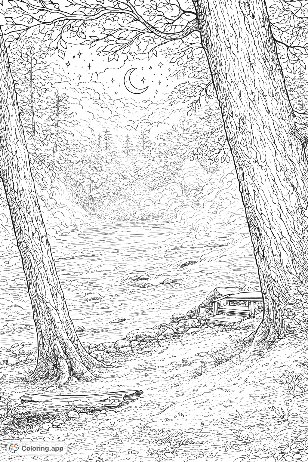 Escape into a serene, dreamlike forest river scene. This free printable mystical river coloring page offers intricate natural details and a peaceful atmosphere for all ages.