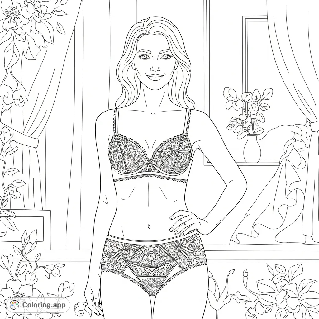 An elegant lingerie woman, exuding confidence and joy. Features delicate fabrics and ornate details in a serene setting, inviting creative expression.