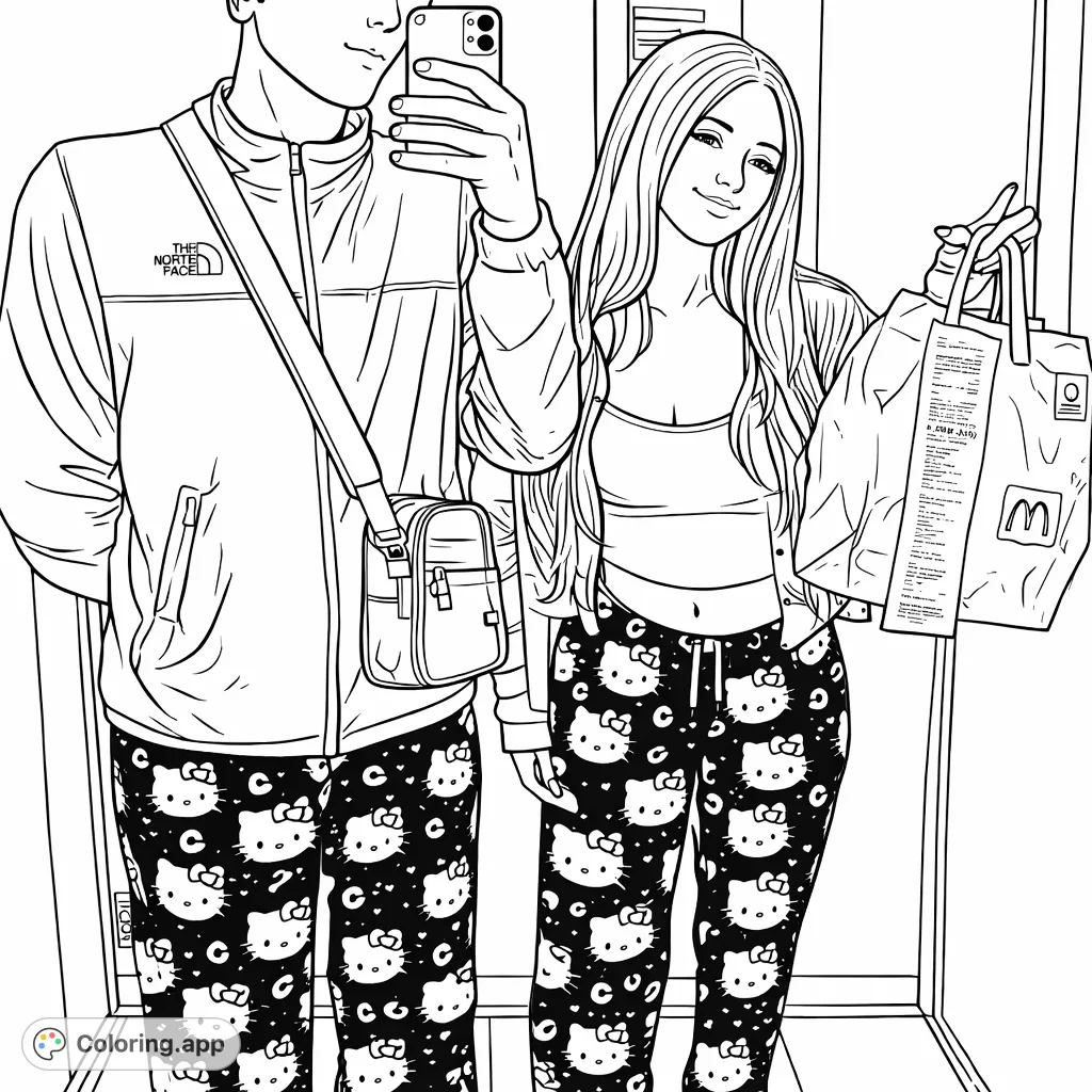 A casual Hello Kitty pajama scene with two friends holding takeout in an elevator. Features fun character patterns and everyday urban details.