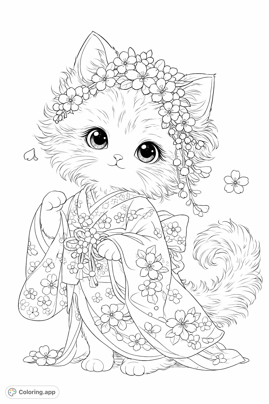 An adorable cat in a traditional kimono, adorned with intricate floral patterns and a beautiful headpiece. Perfect for cat lovers and intricate design enthusiasts!