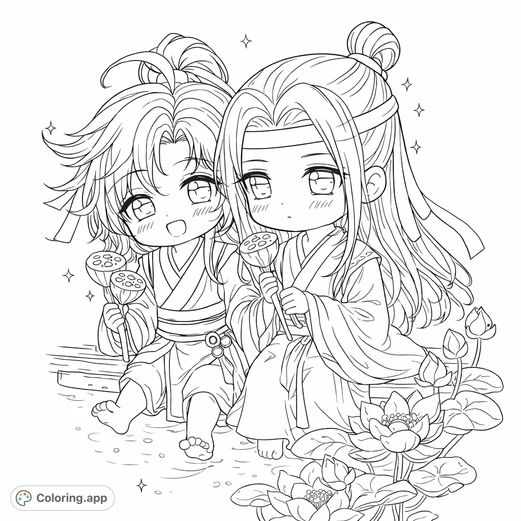 Charming chibi figures sit by a lotus pond, holding seed pods amidst blooming flowers. A delightful scene for fans of adorable characters and serene nature.