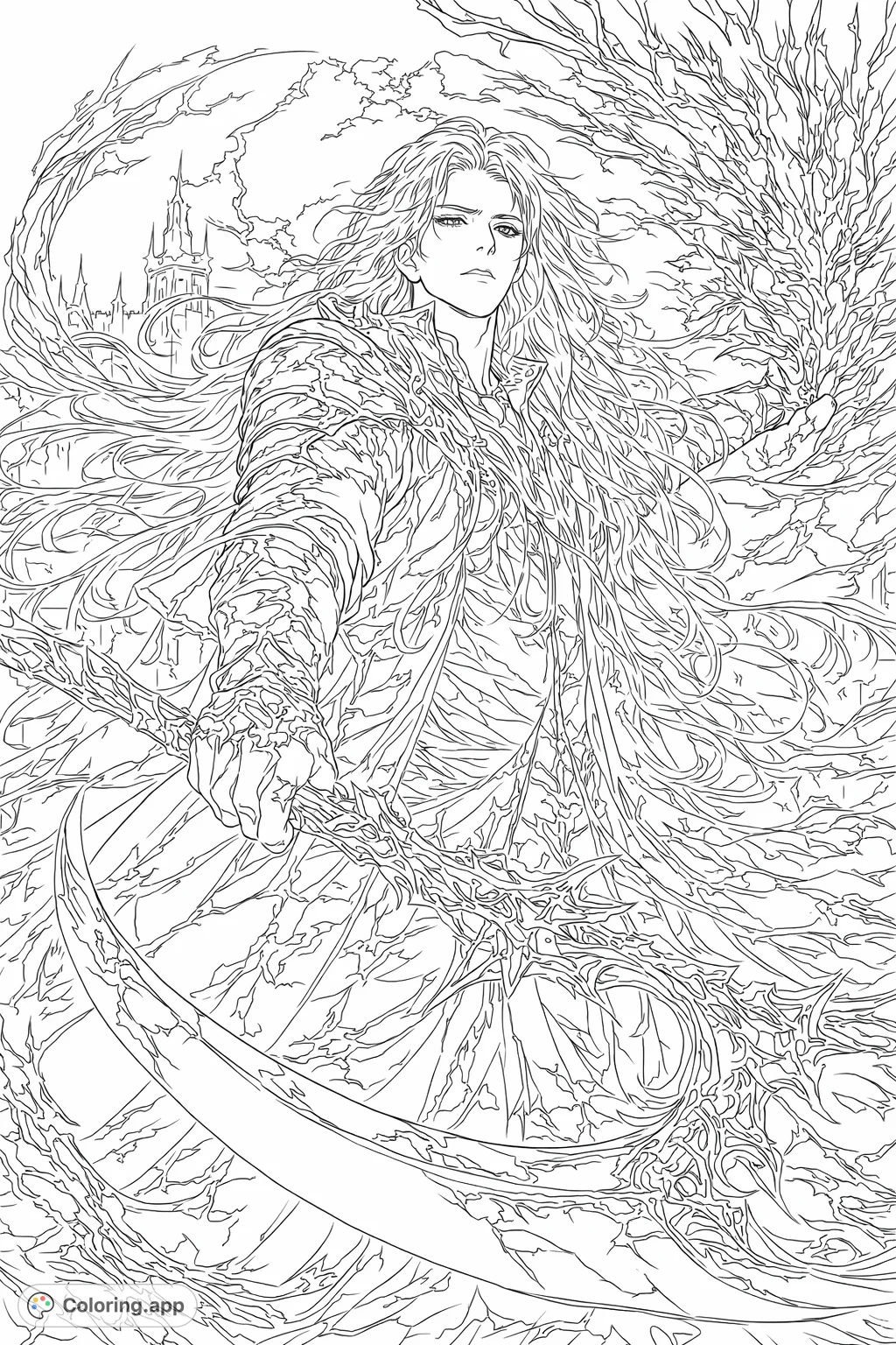 Unleash your creativity on this dark fantasy coloring page featuring a powerful sorcerer wielding a mystical scythe amidst a turbulent, energetic background.