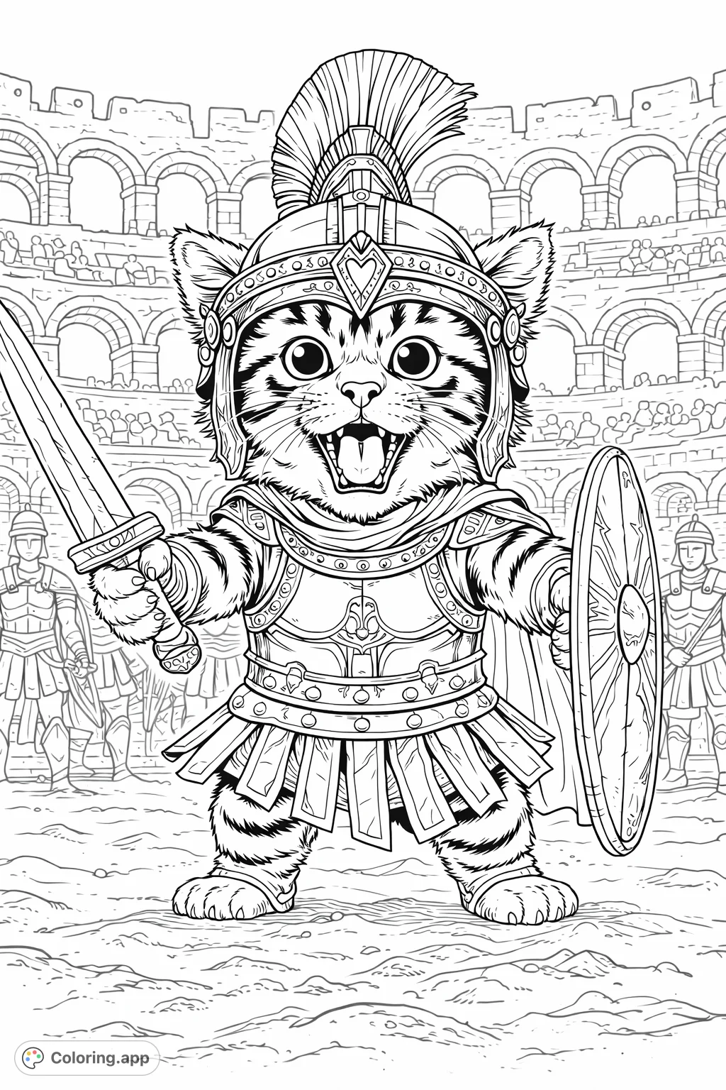 An adorable kitten bravely stands as an ancient warrior, complete with helmet, armor, sword, and shield, ready for adventure.