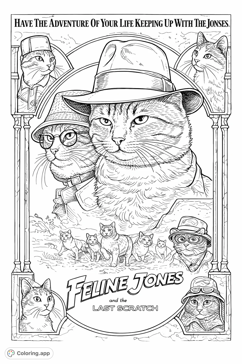 Embark on an epic adventure with this Feline Jones coloring page, featuring brave cats in explorer gear and dynamic scenes. Unleash your creativity!