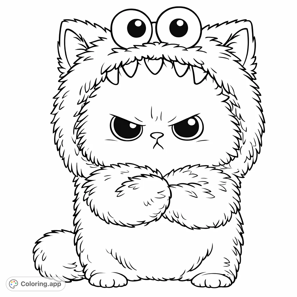 Discover this adorable monster kitten coloring page, perfect for kids and adults! A grumpy, fluffy feline in a playful monster costume awaits your creative touch.