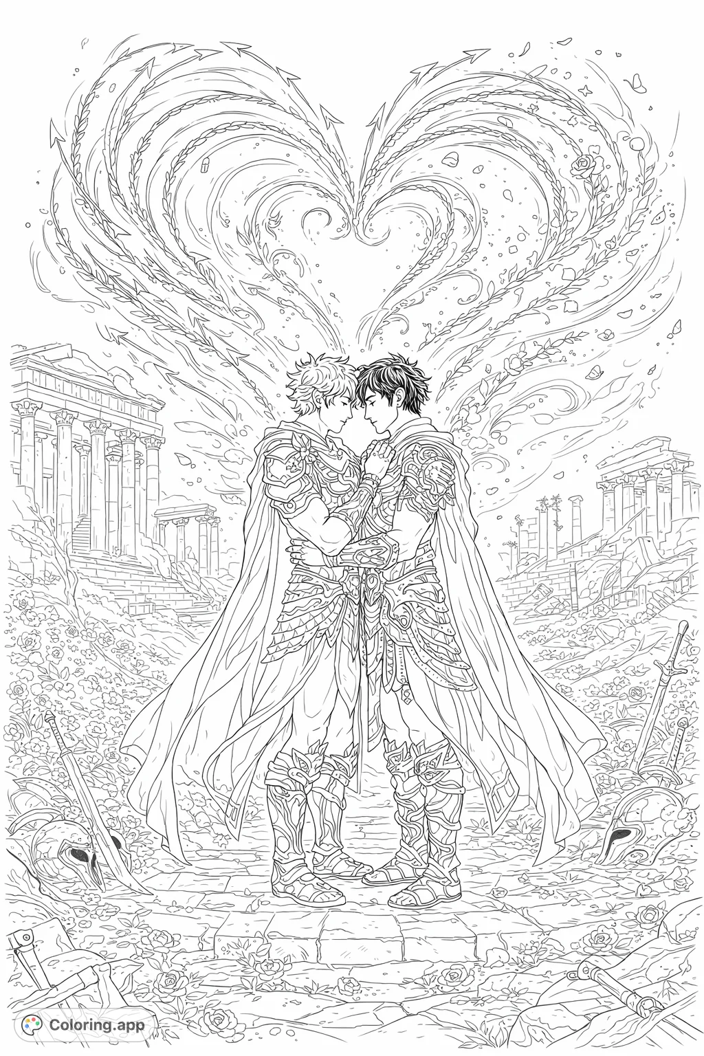 Two mythical figures embrace amidst ancient ruins, framed by a luminous heart. A powerful scene of love, fantasy, and heroic elegance.