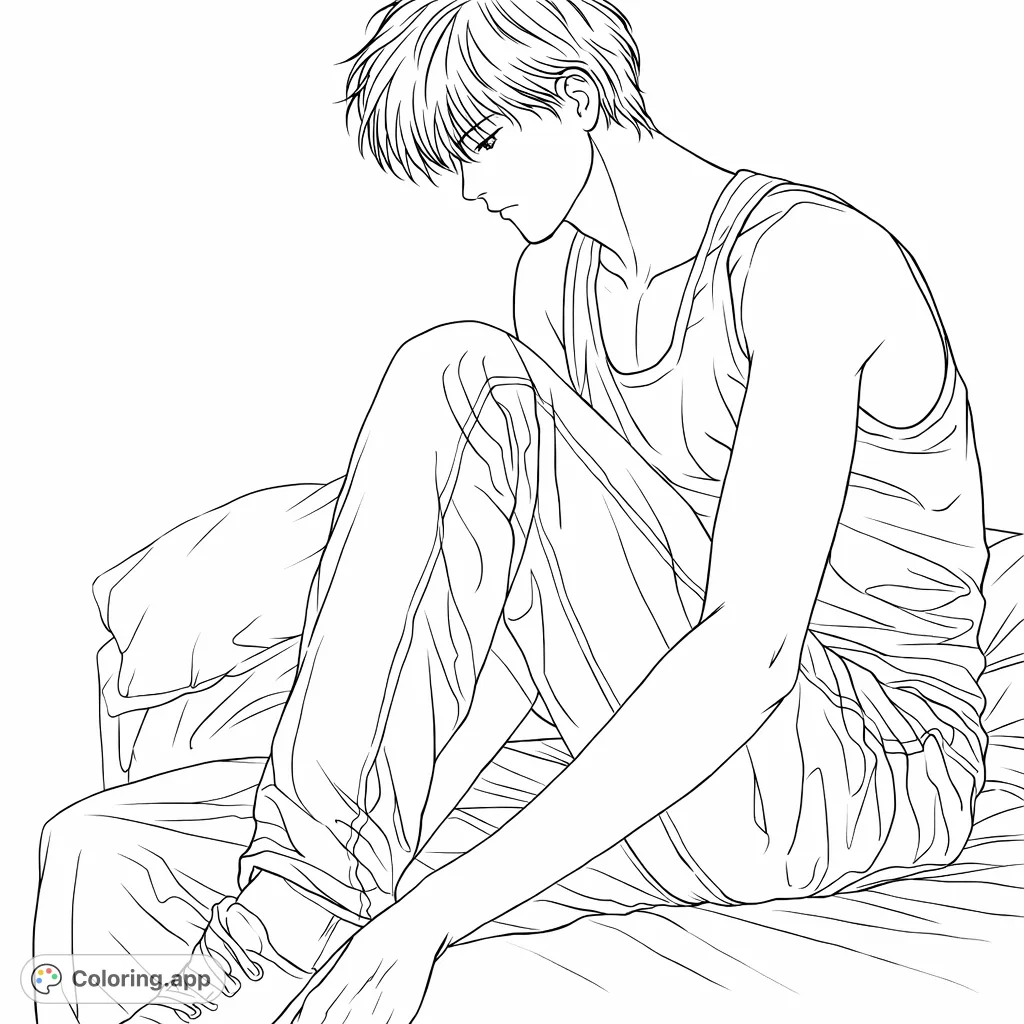 A young man seated, engrossed in a quiet moment, adjusting his attire. A reflective anime character perfect for detailed coloring and artistic expression.