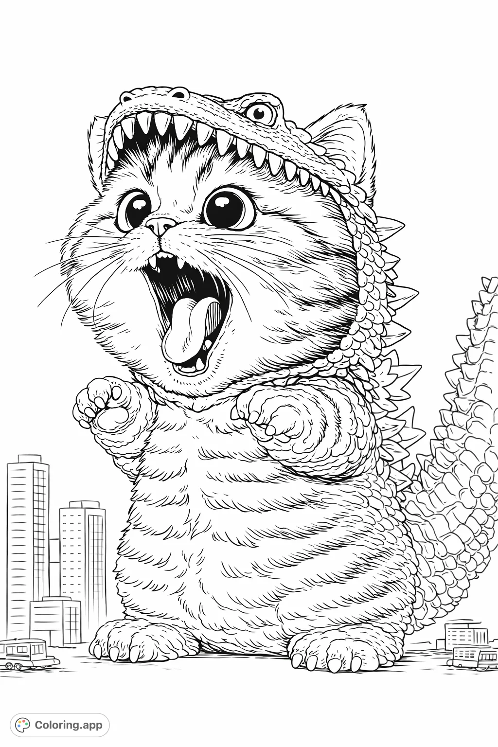 A hilariously cute cat in a detailed dinosaur costume, roaring playfully amidst a miniature city. Perfect for a fun and imaginative coloring adventure!