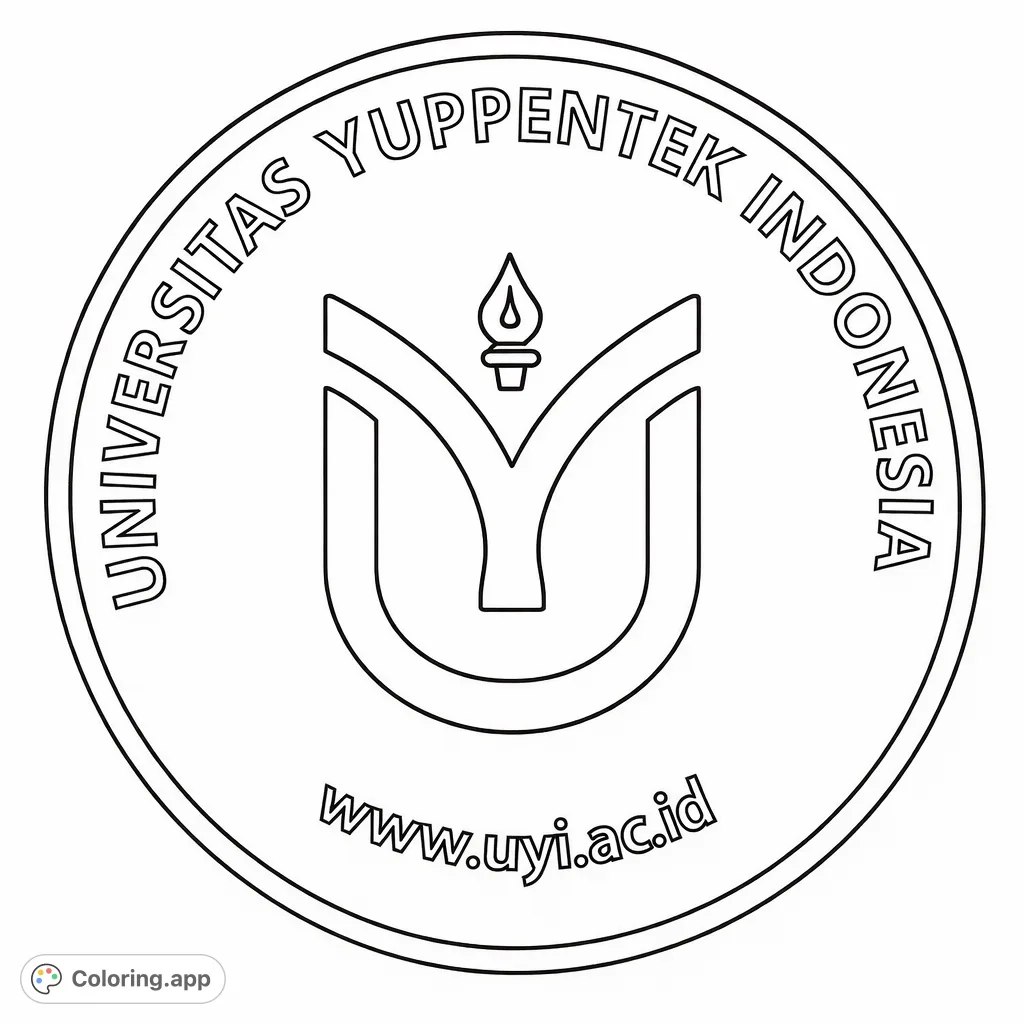 Color the official university emblem featuring a circular design, detailed institution name, a stylized 'U' with internal 'Y' elements, and a classic pen nib symbol.