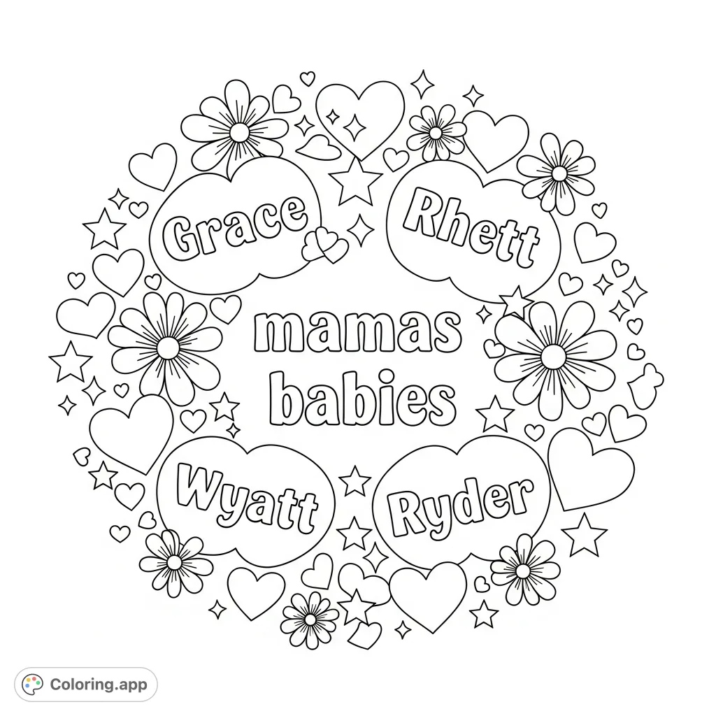 Celebrate family bonds with this free printable friendship coloring page featuring 'mamas babies', names Grace, Rhett, Wyatt, Ryder, and cheerful designs.