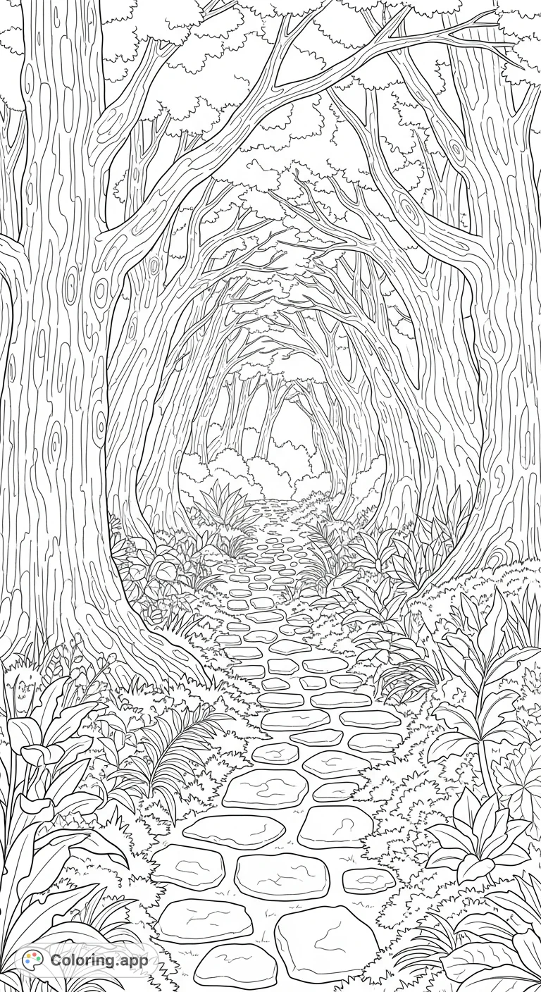 Step into a magical realm with this enchanted forest path coloring page. A winding stone path disappears into a mystical wood, inviting imagination and creativity.